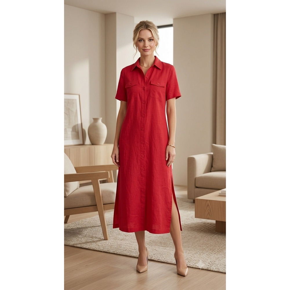 Worth Linen Shirt Dress Women S Red Short Sleeve Button Front Side Slit Maxi